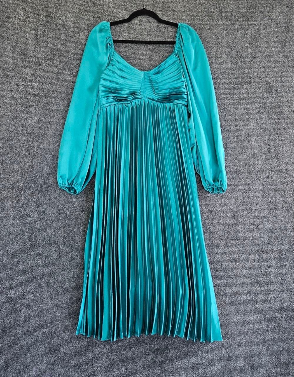 VICI Teal Pleated Satin Midi Dress | Long Sleeve | Size Medium
